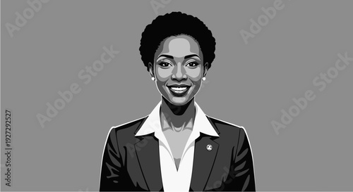 Professional black woman in a business suit, confidently smiling, depicted in a monochrome, minimalist vector illustration.