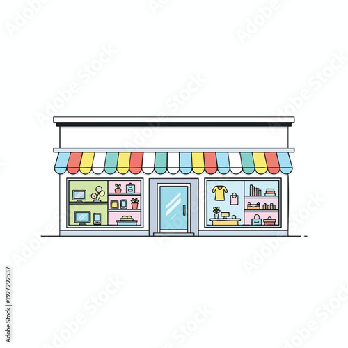 Charming Small Town Boutique Shop with Colorful Awning and Window Display