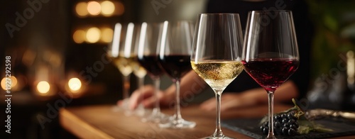 Wallpaper Mural Row of wine glasses (white/red) on wooden bar, foreground in focus with bubbles, dark grapes on slate, blurred warm lights, hand partially behind. Torontodigital.ca