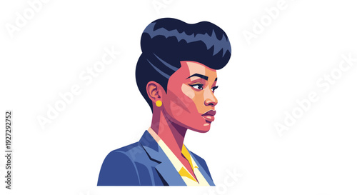 A captivating, stylized vector illustration of a confident Black woman with a chic updo hairstyle, showcasing her professional and elegant demeanor.