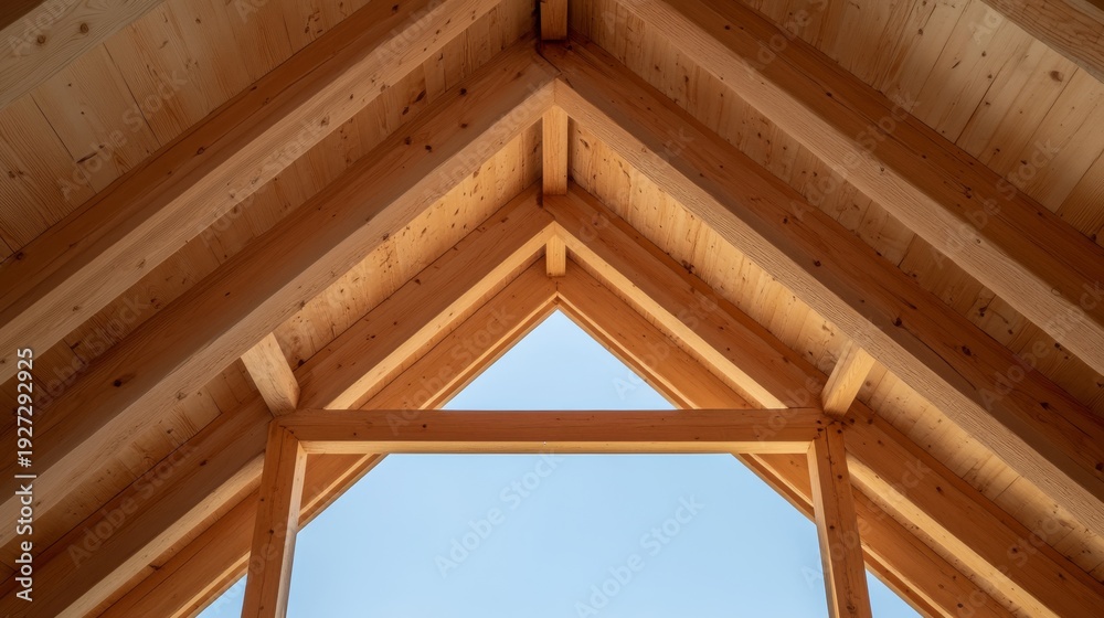 Obraz premium Wooden rafters converge, framing the sky in a geometric embrace. Abstract, construction, architecture, geometry, timber