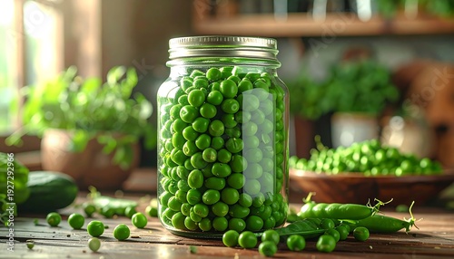 Jar filled with vibrant green peas, spilling onto a rustic wooden table, surrounded by verdant herbs