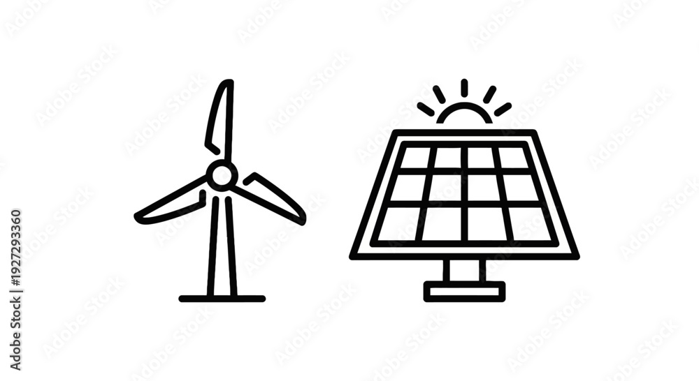 Obraz premium Renewable Energy Icons featuring a Wind Turbine and Solar Panel for Sustainable Power and Eco-Friendly Solutions.
