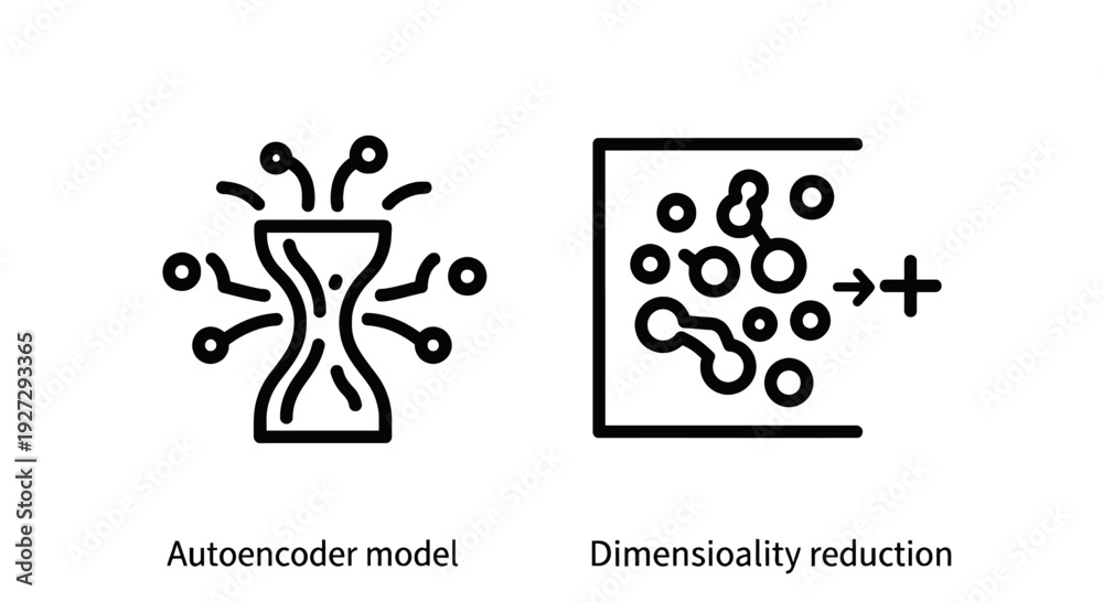 Fototapeta premium Autoencoder Model and Dimensionality Reduction Icons for Machine Learning, Data Compression, and Neural Networks.