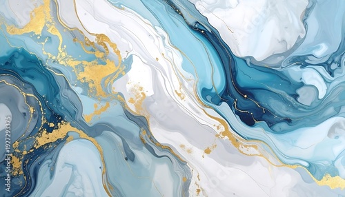 Fluid abstract art featuring swirling blues, whites, grays, and gold accents, resembling marble or flowing liquids