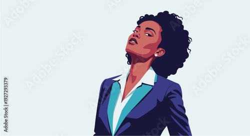 A confident and stylish African American businesswoman with curly hair looks upward, portraying success and empowerment in a minimalist vector illustration.