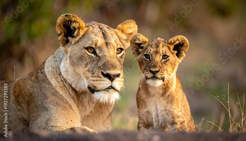 Lioness and cub resting in tall grass, bathed in warm light, motherly gaze and watchful cub alertness