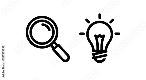 Search and Idea Generation Icon Set: Magnifying Glass for Discovery and Light Bulb for Innovation, Solution, and Problem-Solving Concepts in Black Line Art