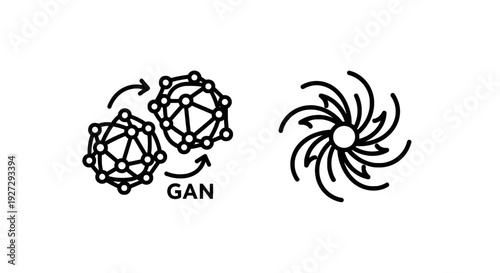 GAN Generative AI and Data Complexity Icons: Interconnected Neural Networks and Swirling Vortex Symbolizing Advanced Machine Learning Algorithms and Innovation