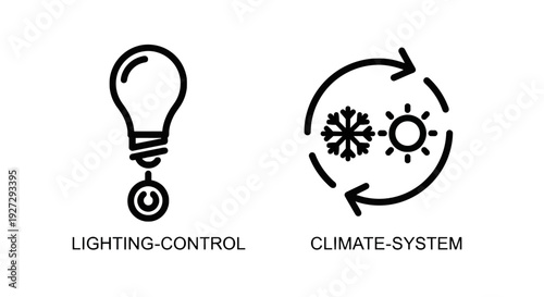 Smart Home Automation and Climate Control System Icons: Lighting Regulation and Environmental Adjustment Technology for Modern Living and Energy Management