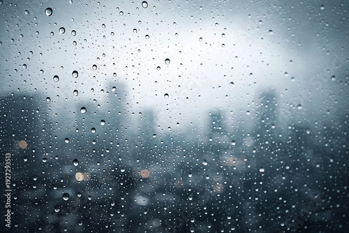 春雨に濡れた窓ガラスの水滴とぼやけた街並み背景