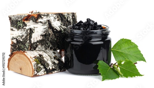 Jar of dark substance nestled beside birch logs and vibrant green leaves against a crisp white backdrop