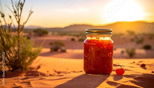 Jar of homemade sauce sits atop orange sand dunes, backlit by a warm desert sunset