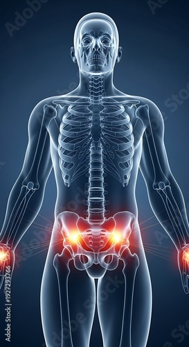 Human skeletal structure visualization highlights areas of localized physical discomfort in the pelvis and wrists
