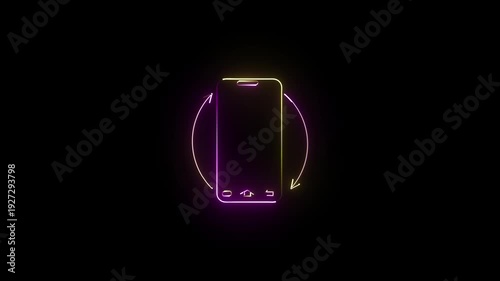 Neon smartphone with glowing purple and yellow lines on black background mobile phone symbol with navigation buttons and arrows.