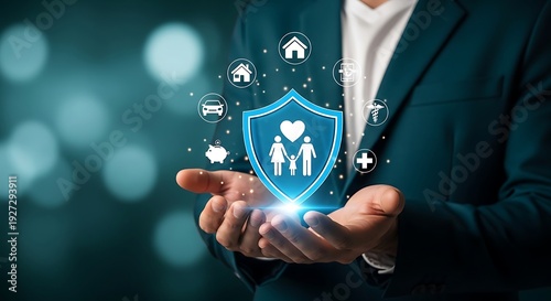 Businessman holding a digital shield with family and insurance icons floating around it