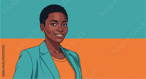 A confident and professional African American woman with short hair smiles warmly against a vibrant, color-blocked background, exuding positivity.