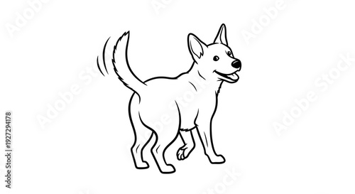 Happy dog wagging its tail black and white line art illustration.