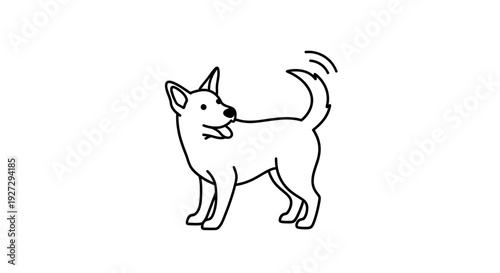 Happy dog wagging tail line art illustration.