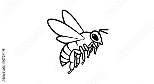 Simple black and white line art drawing of a flying bee.