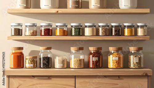 Jars containing colorful spices neatly arranged on three wooden shelves against a neutral-toned wall
