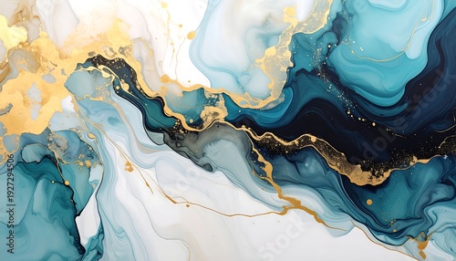 Fluid abstract with teal, white, gold inks swirling and merging in a marbled effect, creating depth and texture