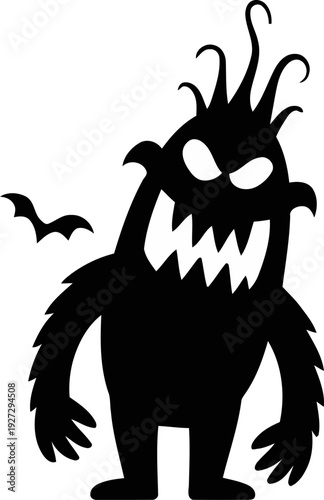Wild hair sharp toothed monster standing tense posture, macabre dark avatar for spooky event branding, unsettling gothic creature emblem, bold black silhouette clipart isolated on light background