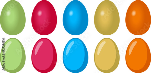 Volumetric and flat Easter eggs set. Red, blue, green, gold, and orange colors.