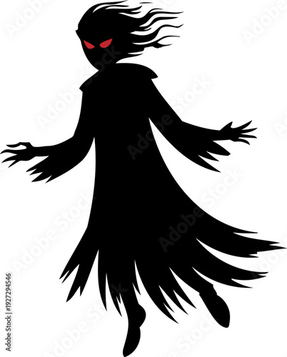 Glowing eye phantom woman with torn gown reaching outward pose, sinister haunted avatar for Halloween poster design, eerie gothic branding element, black dramatic silhouette flat vector art