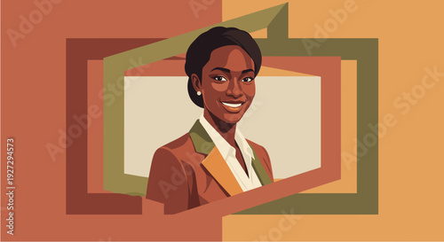 A vibrant illustration of a smiling African American businesswoman, exuding confidence and professionalism within a modern, abstract frame.