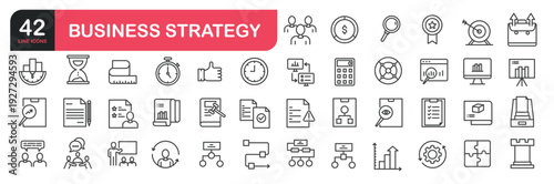 Set of line icons related to business strategy, business process, target,  law, plan, strategic, research. Outline icons collection. Editable stroke. Vector illustration