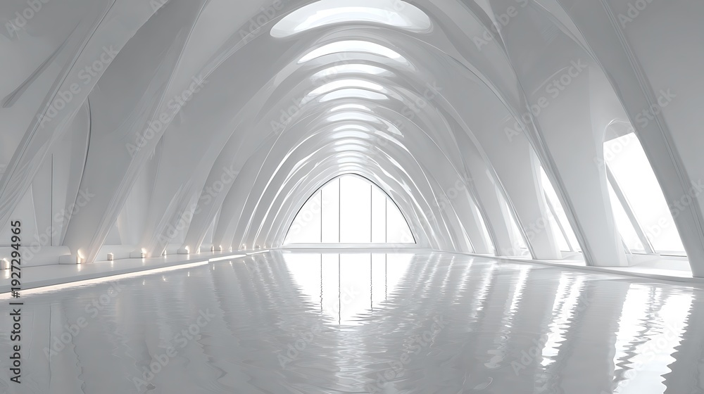 Fototapeta premium Futuristic White Archway Hall Open Space with Glowing Curves
