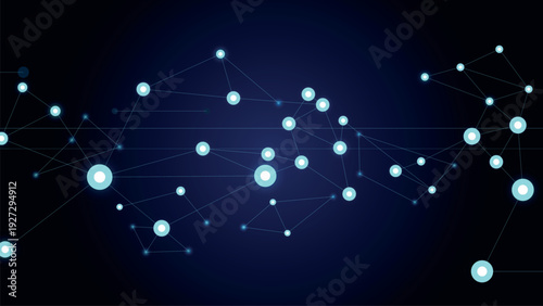Abstract digital network background with glowing blue dots and connecting lines representing technology and data flow.