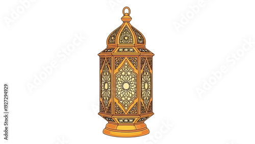 Ornate metal lantern with intricate designs and patterns stands alone on a transparent background
