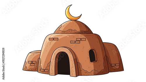 An illustration of a mosque with a crescent moon on its dome, symbolizing Islamic culture and architecture, viewed from the front.