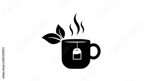 Vector illustration of black silhouette icon of a hot tea cup with steam and leaves on a transparent background