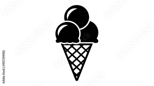 Vector illustration of black and white icon of three scoops of ice cream in a waffle cone on a transparent background