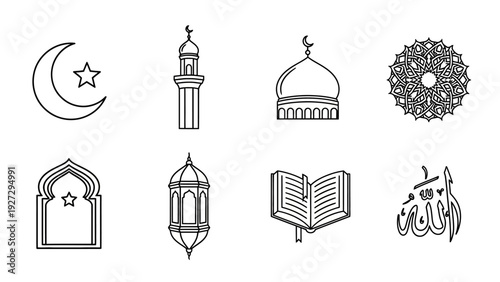 Islamic symbols collection including crescent, mosque, and book illustrations in a minimalist style