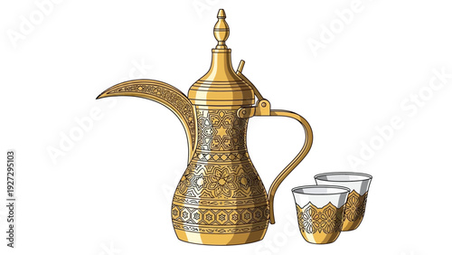 Traditional Middle Eastern coffee pot and cups displayed on a plain white surface