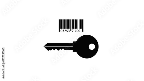 Vector illustration of black silhouette of a key with a barcode above it, on a transparent background