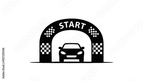 Vector illustration of car at start line archway with checkered flags icon on a transparent background