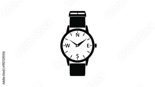 Vector illustration of black and white wristwatch with compass dial on a transparent background
