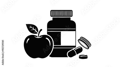 Vector illustration of vitamins and supplements with fresh apple icon for healthy diet and nutrition on a transparent background