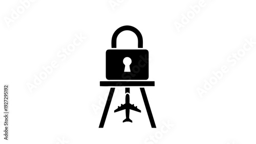 Vector illustration of black silhouette icon of a padlock on a stand with an airplane underneath, symbolizing travel security or locked flight access on a transparent background