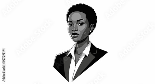 Striking black and white illustration of a confident young African American woman in professional attire, exuding determination and strength.
