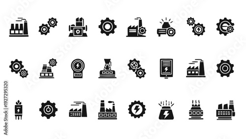 Vector illustration of set of industry and factory icons with gear symbols for power and engineering on a transparent background
