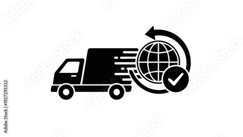 Vector illustration of black silhouette of a delivery truck with a globe and checkmark on a transparent background