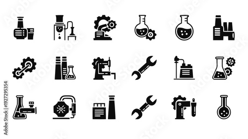 Vector illustration of set of black and white icons representing chemistry, industry, and engineering concepts on a transparent background