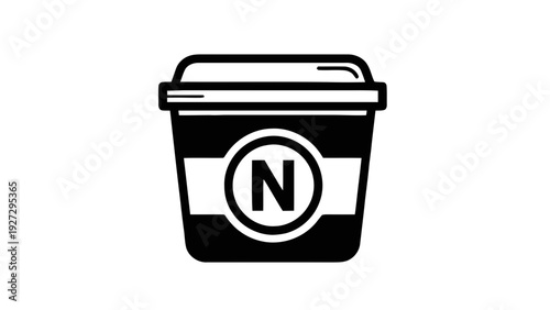 Vector illustration of black and white icon of a coffee cup with the letter n inside a circle on a on a transparent background