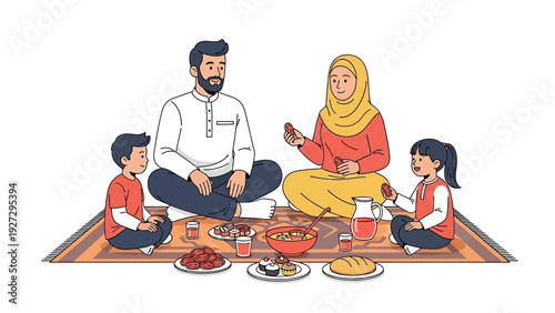 Family Gathering Around Traditional Meal on Vibrant Rug, Illustrative Scene from Direct Viewpoint